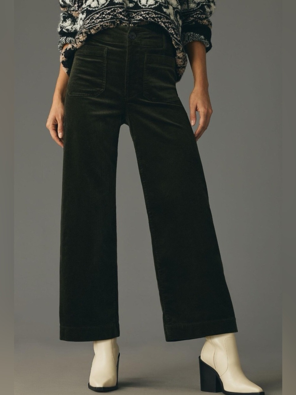 The Colette Crop Wide-Leg Corduroy Pants by Maeve in Green